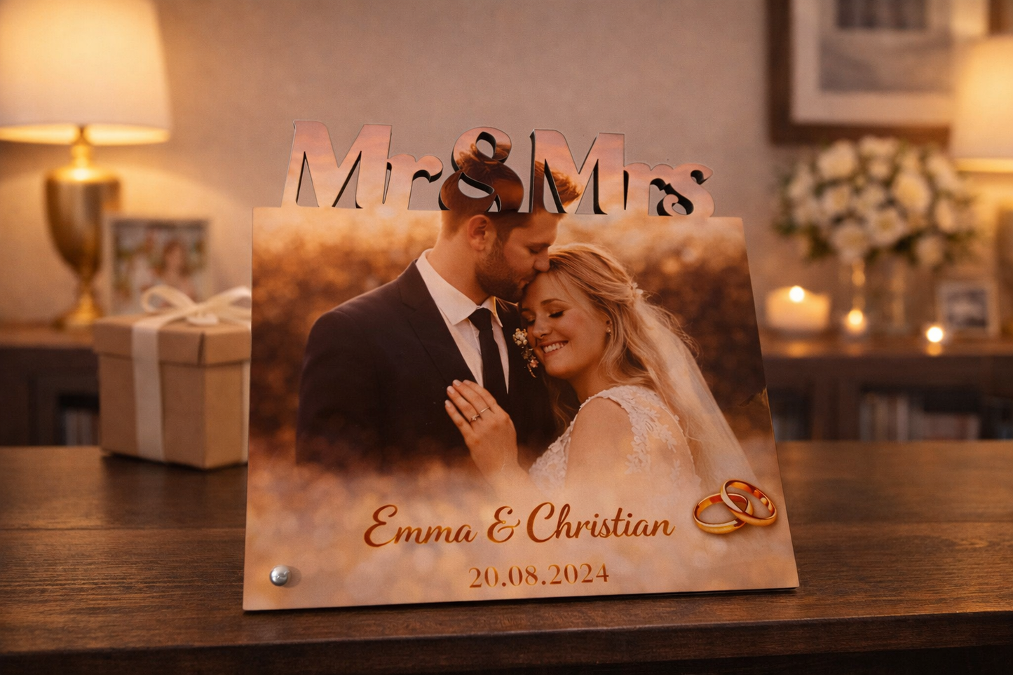 Personalisiertes Hochzeitsgeschenk mit Foto – Mr & Mrs Fototafel mit Namen und Datum
