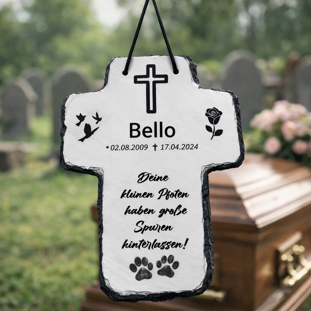 Personalisierte Tier-Gedenktafel Kreuz aus Schiefer – Erinnerung an Hund oder Katze mit Name & Datum
