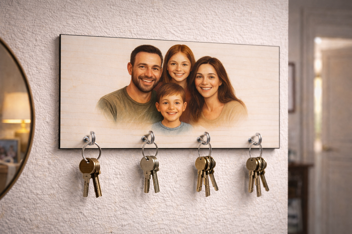 Personalisierte Schlüsselhalter Wand mit Foto – Familien Schlüsselbrett mit 4 Haken